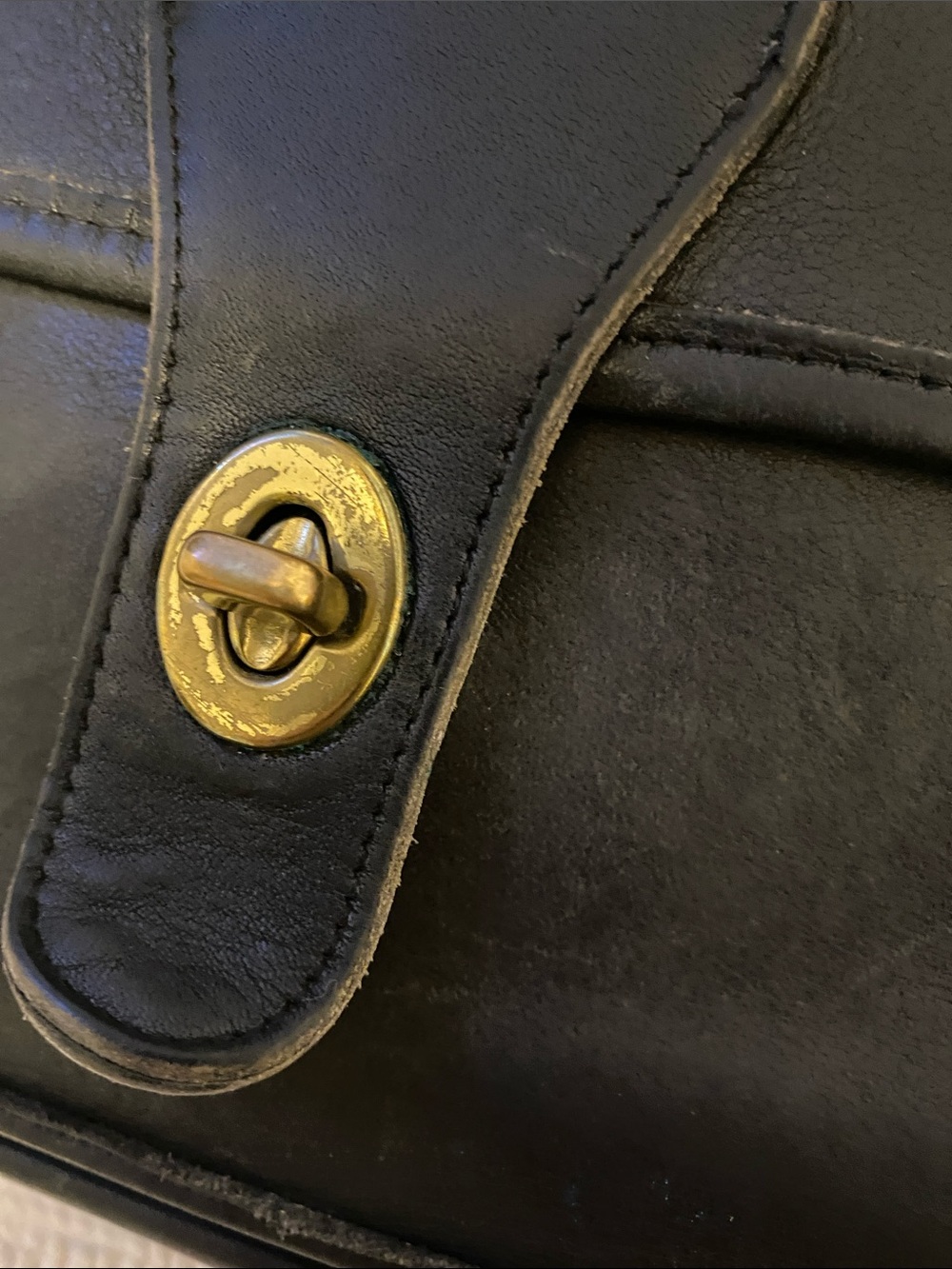 Coach Black Leather Messenger Bag with Gold-Tone Turn Lock, has some wear. - Picture 9 of 14